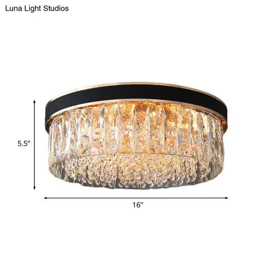 Modern Black Crystal 5-Light Drum Flush Mount For Bedroom Ceiling