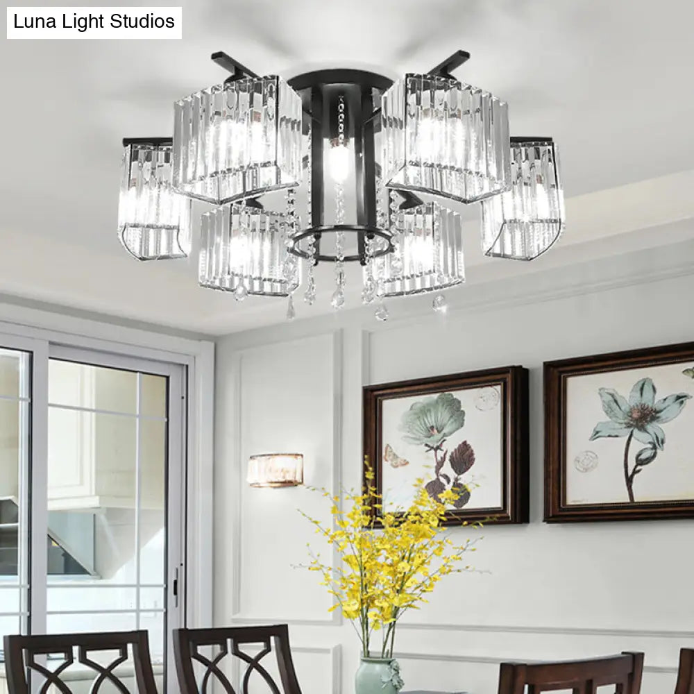 Modern Black Crystal Block Semi Flush Ceiling Light - Circle Flushmount For Living Room