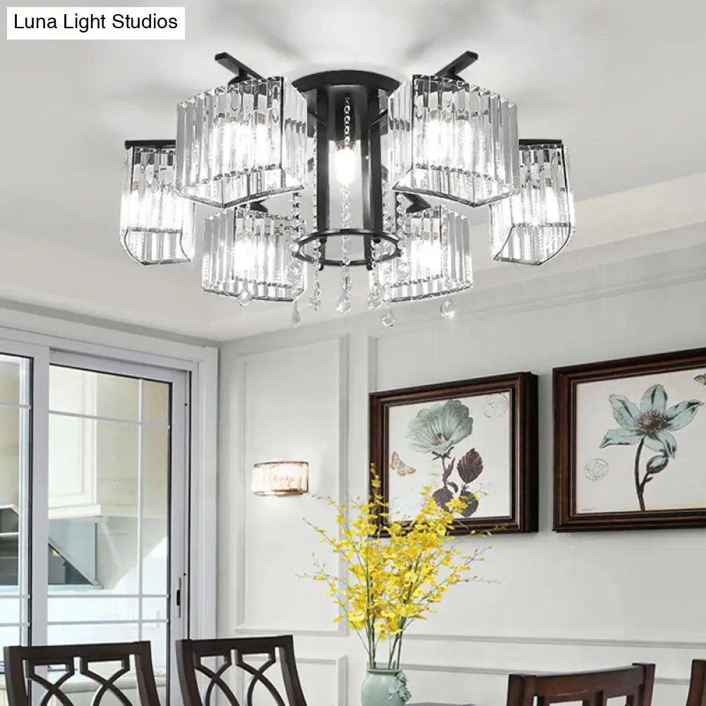Modern Black Crystal Block Semi Flush Ceiling Light - Circle Flushmount For Living Room