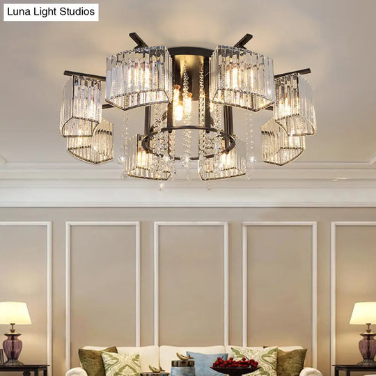 Modern Black Crystal Block Semi Flush Ceiling Light - Circle Flushmount For Living Room