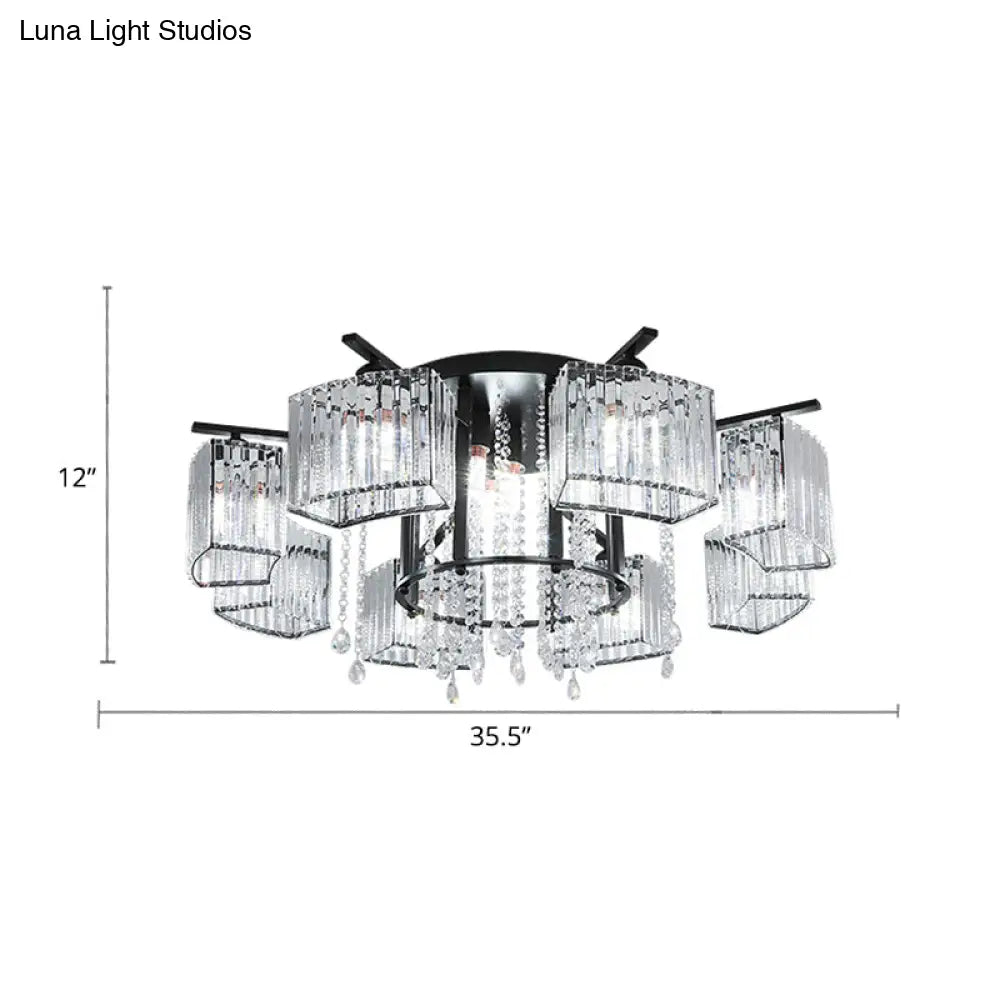 Modern Black Crystal Block Semi Flush Ceiling Light - Circle Flushmount For Living Room