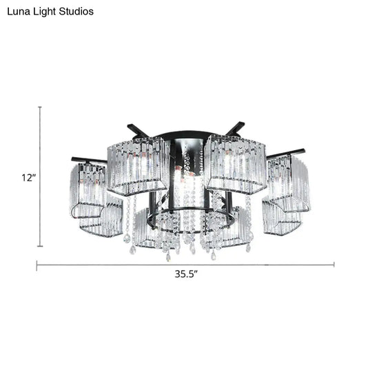 Modern Black Crystal Block Semi Flush Ceiling Light - Circle Flushmount For Living Room