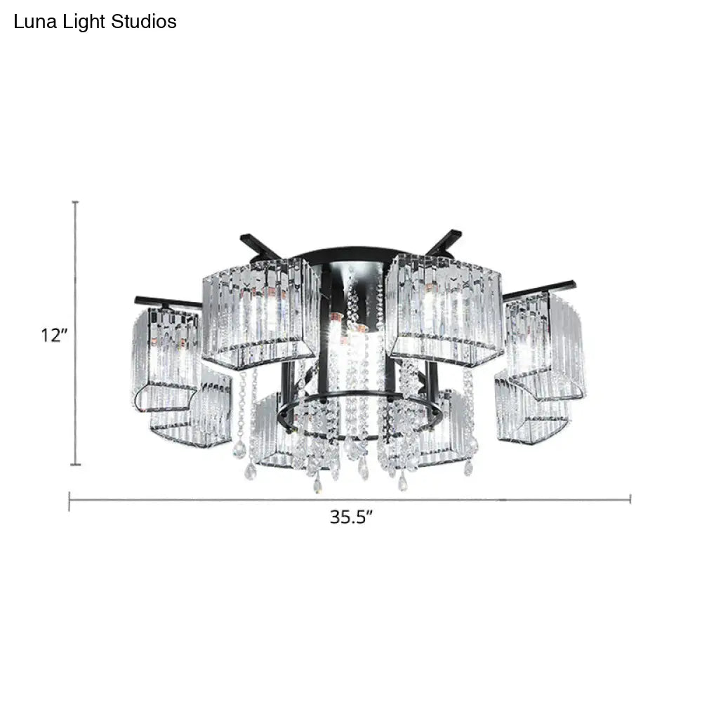 Modern Black Crystal Block Semi Flush Ceiling Light - Circle Flushmount For Living Room
