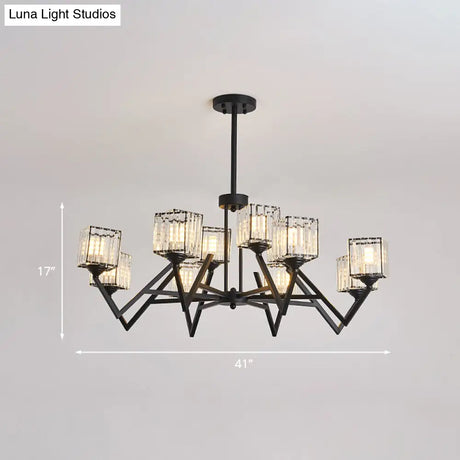 Modern Black Crystal Block Semi Flushmount Ceiling Lamp - 12 Lights V - Like Arm For Living Room