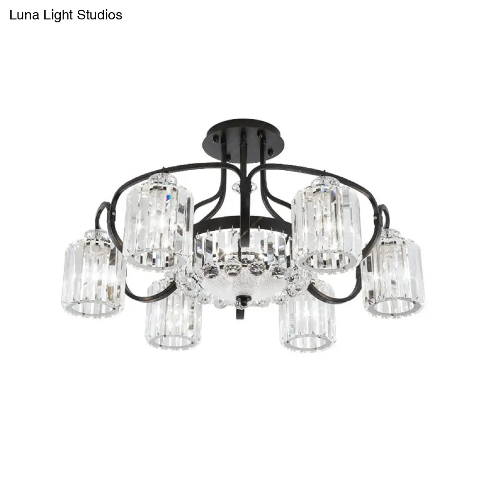 Modern Black Crystal Ceiling Lamp With Clear Cylindrical Shade - Semi Mount 4/8 Heads Dining Room