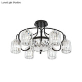 Modern Black Crystal Ceiling Lamp With Clear Cylindrical Shade - Semi Mount 4/8 Heads Dining Room