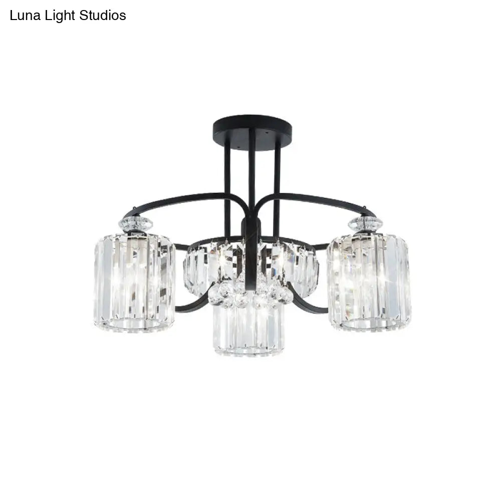 Modern Black Crystal Ceiling Lamp With Clear Cylindrical Shade - Semi Mount 4/8 Heads Dining Room