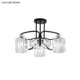 Modern Black Crystal Ceiling Lamp With Clear Cylindrical Shade - Semi Mount 4/8 Heads Dining Room