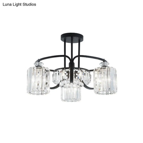 Modern Black Crystal Ceiling Lamp With Clear Cylindrical Shade - Semi Mount 4/8 Heads Dining Room