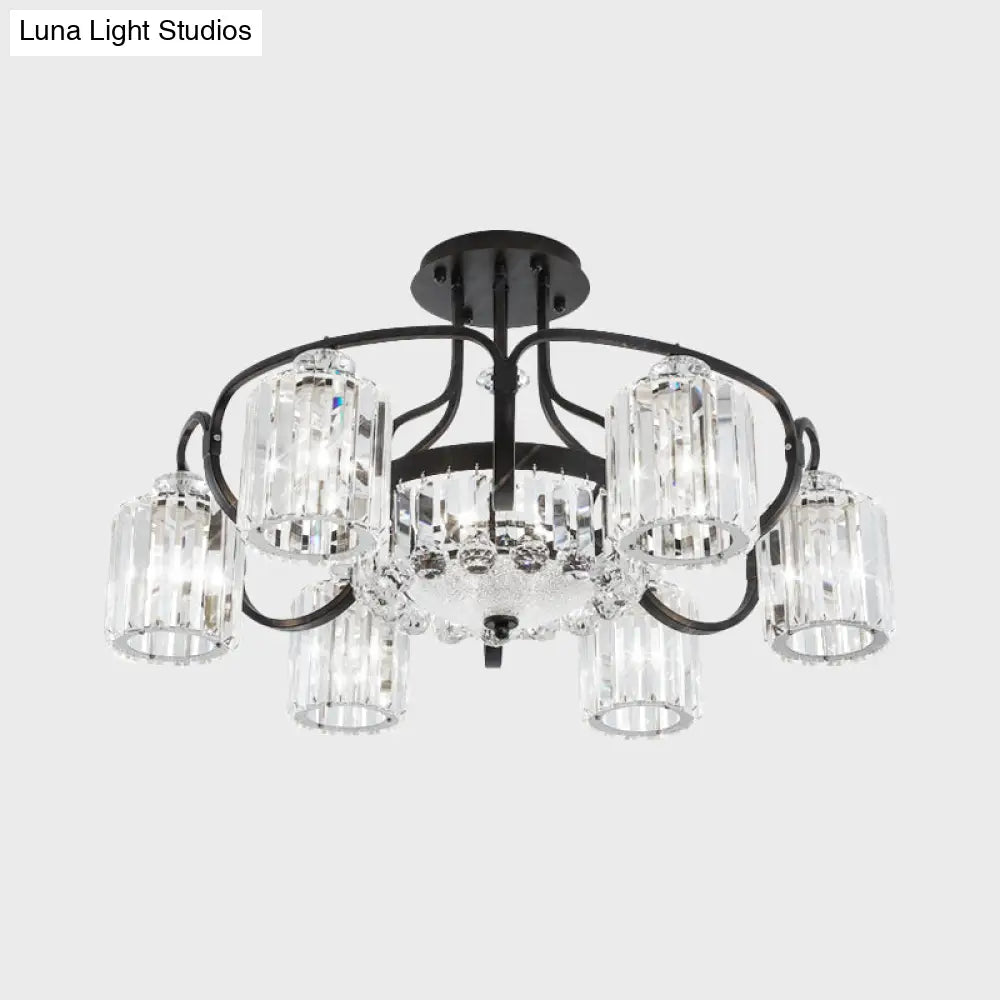 Modern Black Crystal Ceiling Lamp With Clear Cylindrical Shade - Semi Mount 4/8 Heads Dining Room