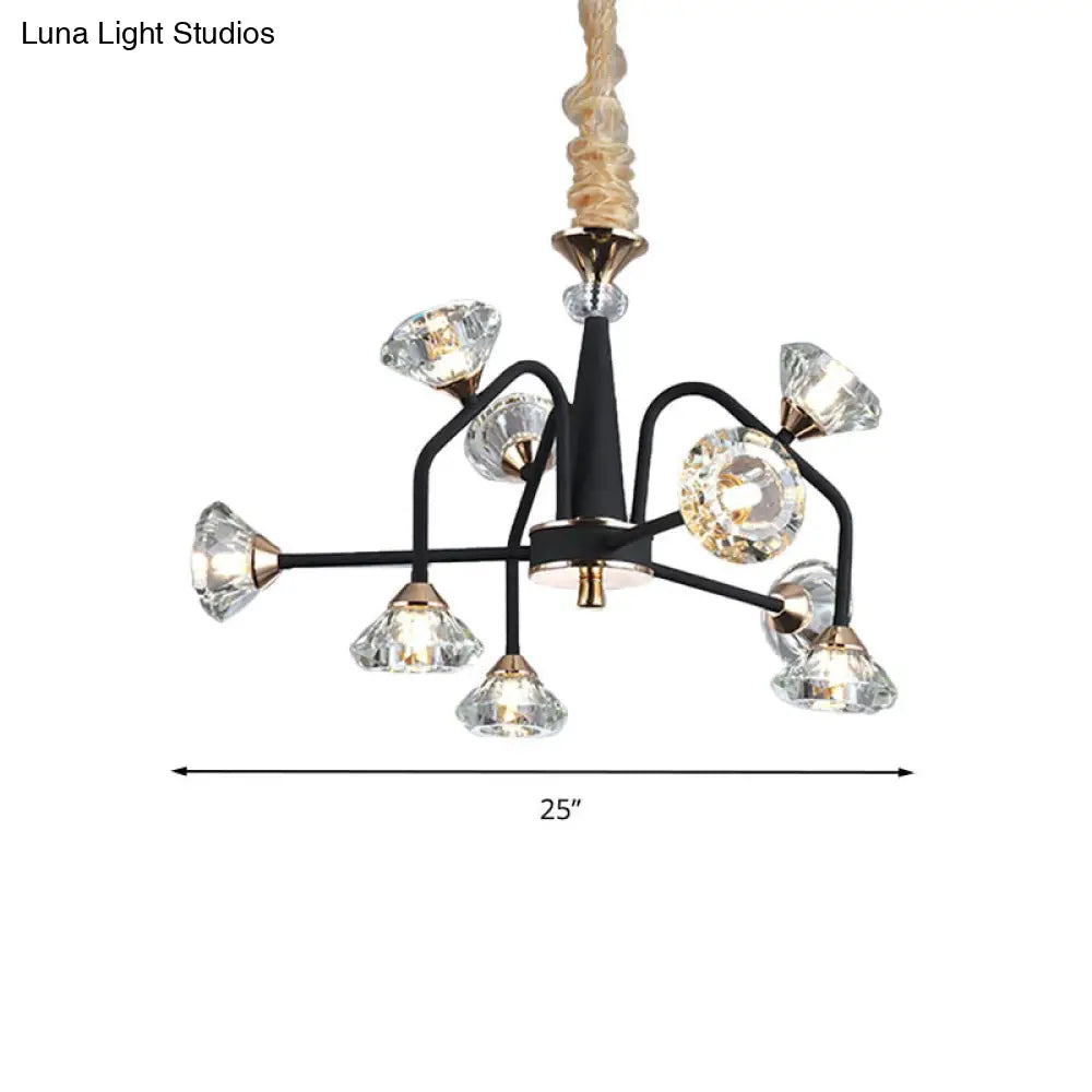 Modern Black Crystal Chandelier With 9/12 Lights - Pyramid Design Curved Arm Ceiling Hanging Light