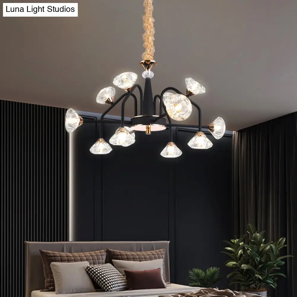 Modern Black Crystal Chandelier With 9/12 Lights - Pyramid Design Curved Arm Ceiling Hanging Light