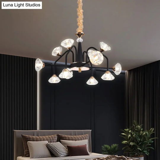 Modern Black Crystal Chandelier With 9/12 Lights - Pyramid Design Curved Arm Ceiling Hanging Light