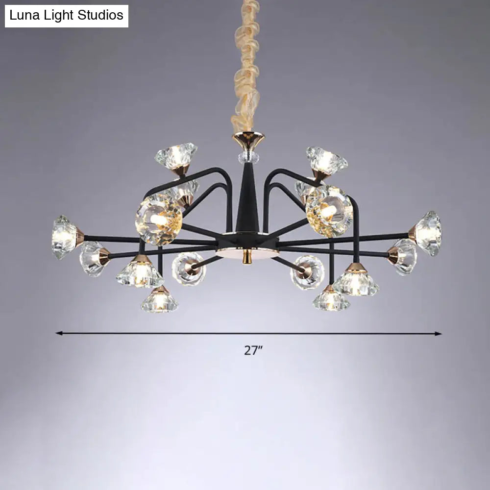 Modern Black Crystal Chandelier With 9/12 Lights - Pyramid Design Curved Arm Ceiling Hanging Light