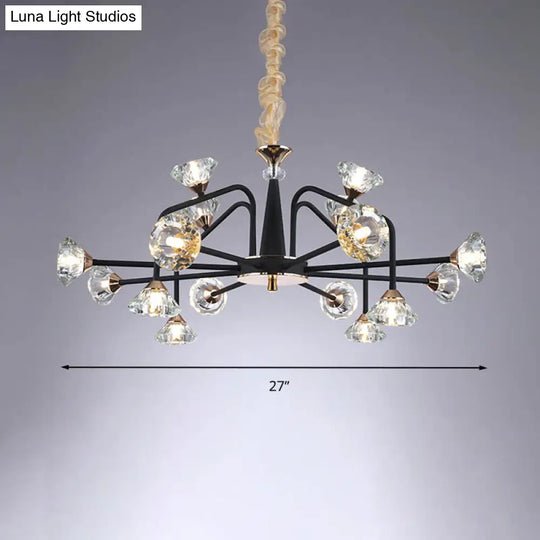 Modern Black Crystal Chandelier With 9/12 Lights - Pyramid Design Curved Arm Ceiling Hanging Light