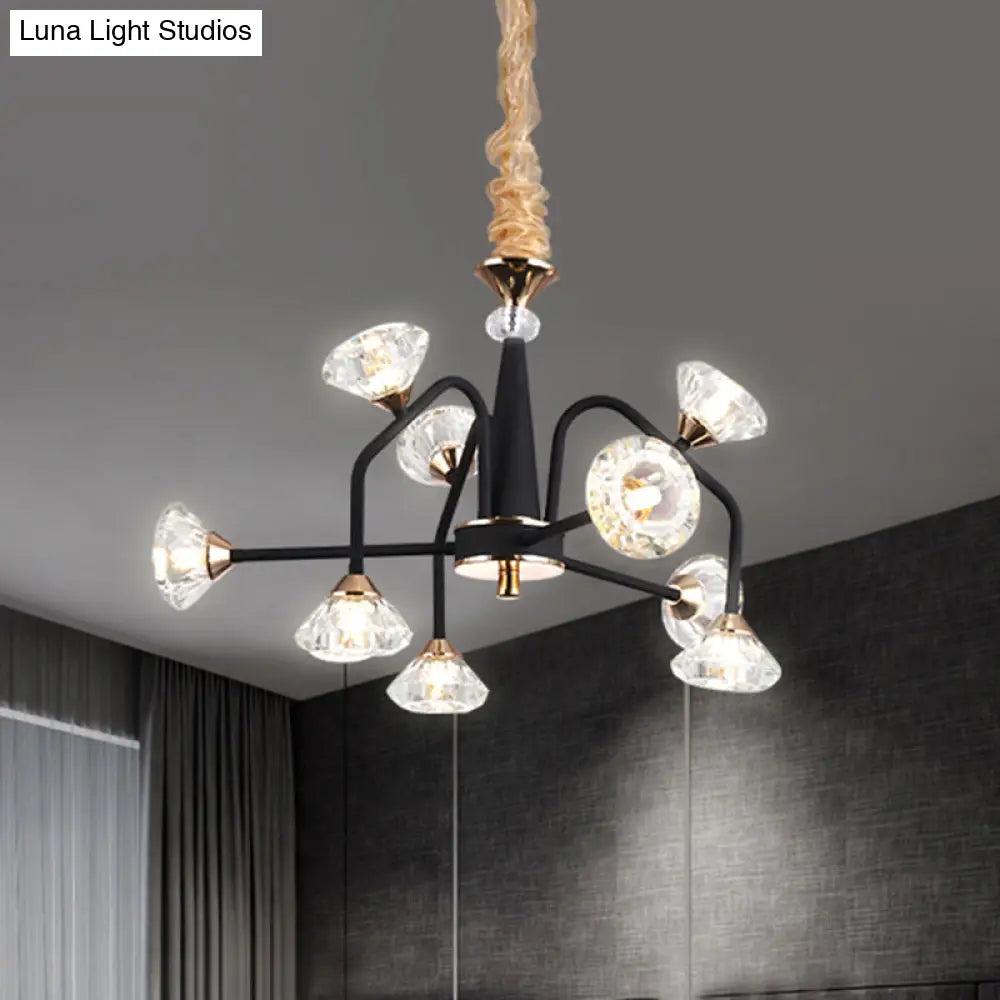 Modern Black Crystal Chandelier With 9/12 Lights - Pyramid Design Curved Arm Ceiling Hanging Light