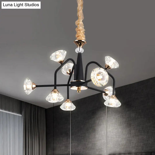 Modern Black Crystal Chandelier With 9/12 Lights - Pyramid Design Curved Arm Ceiling Hanging Light