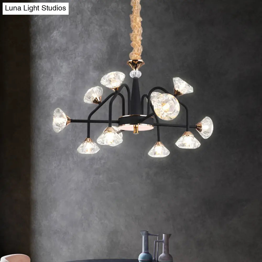 Modern Black Crystal Chandelier With 9/12 Lights - Pyramid Design Curved Arm Ceiling Hanging Light