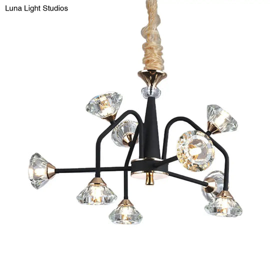 Modern Black Crystal Chandelier With 9/12 Lights - Pyramid Design Curved Arm Ceiling Hanging Light