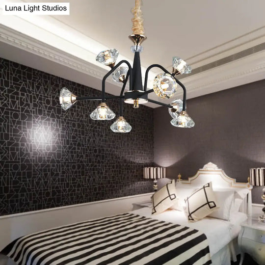 Modern Black Crystal Chandelier With 9/12 Lights - Pyramid Design Curved Arm Ceiling Hanging Light