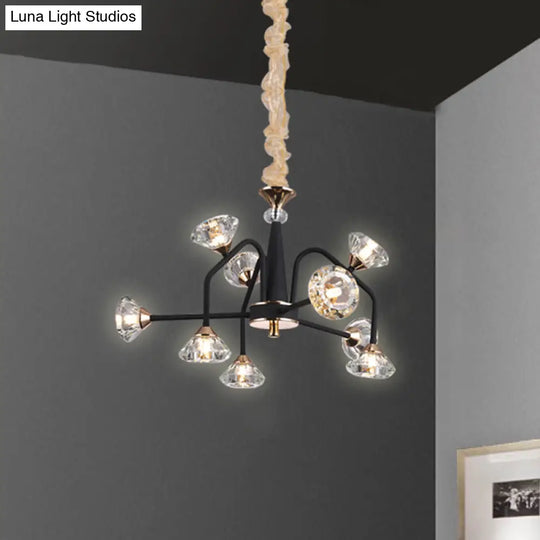 Modern Black Crystal Chandelier With 9/12 Lights - Pyramid Design Curved Arm Ceiling Hanging Light