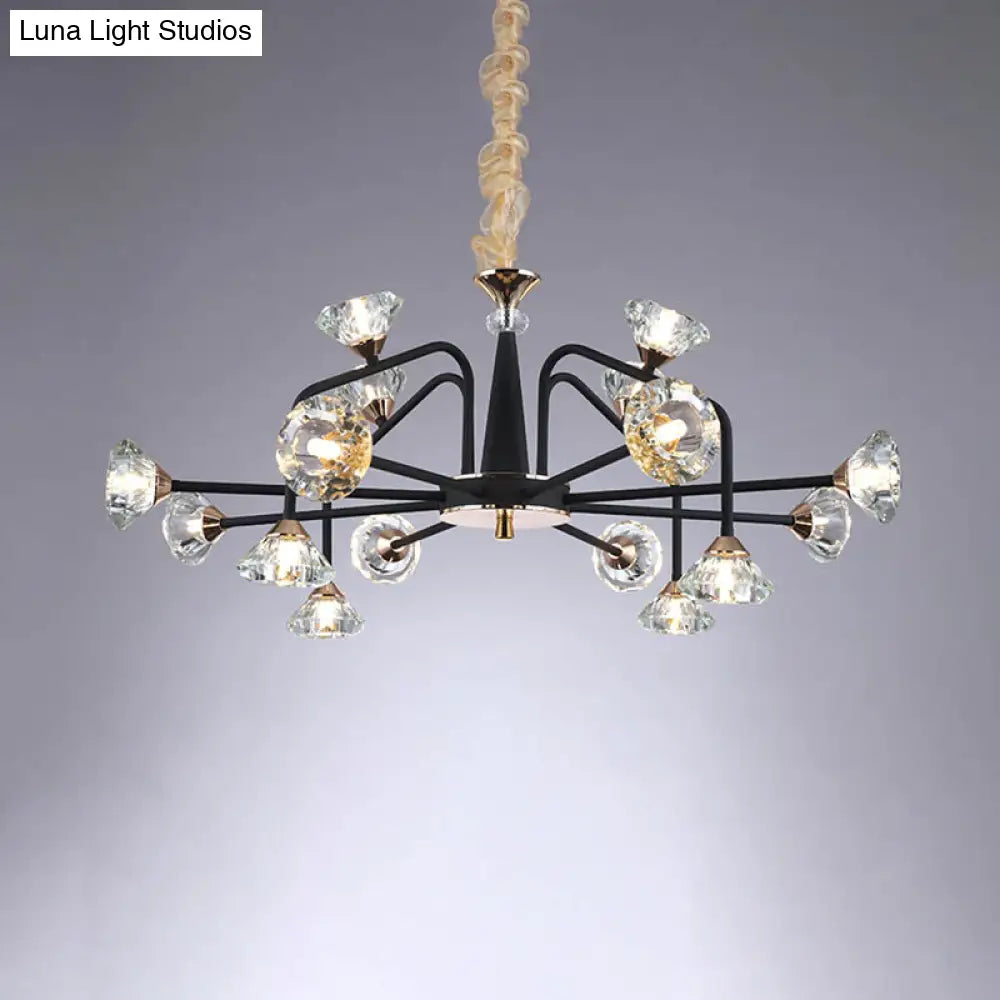 Modern Black Crystal Chandelier With 9/12 Lights - Pyramid Design Curved Arm Ceiling Hanging Light