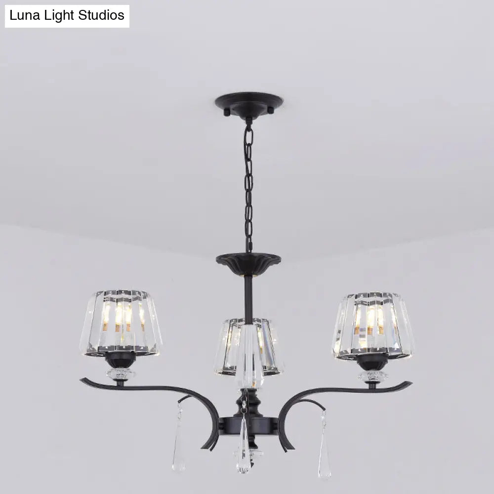 Modern Black Crystal Cone Chandelier - 3/6-Bulb Ceiling Suspension Lamp For Bedroom