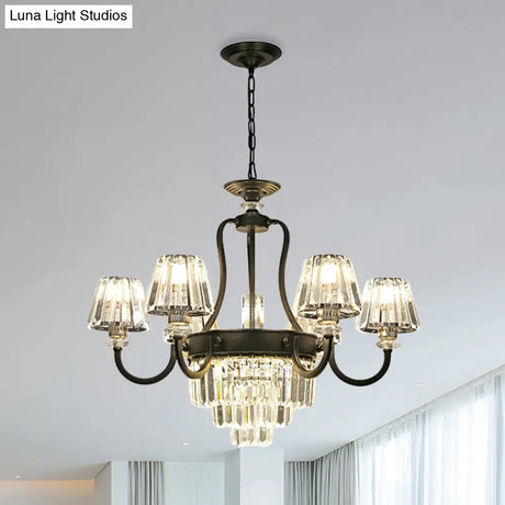Modern Black Crystal Cone Chandelier W/ Prismatic Shades 3/6-Light For Restaurants