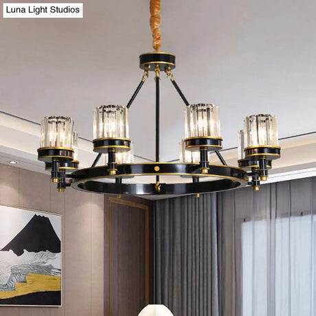 Modern Black Crystal Pendant Lighting Chandelier with Clear Cylinder Shade - 6/8 Heads for Great Rooms