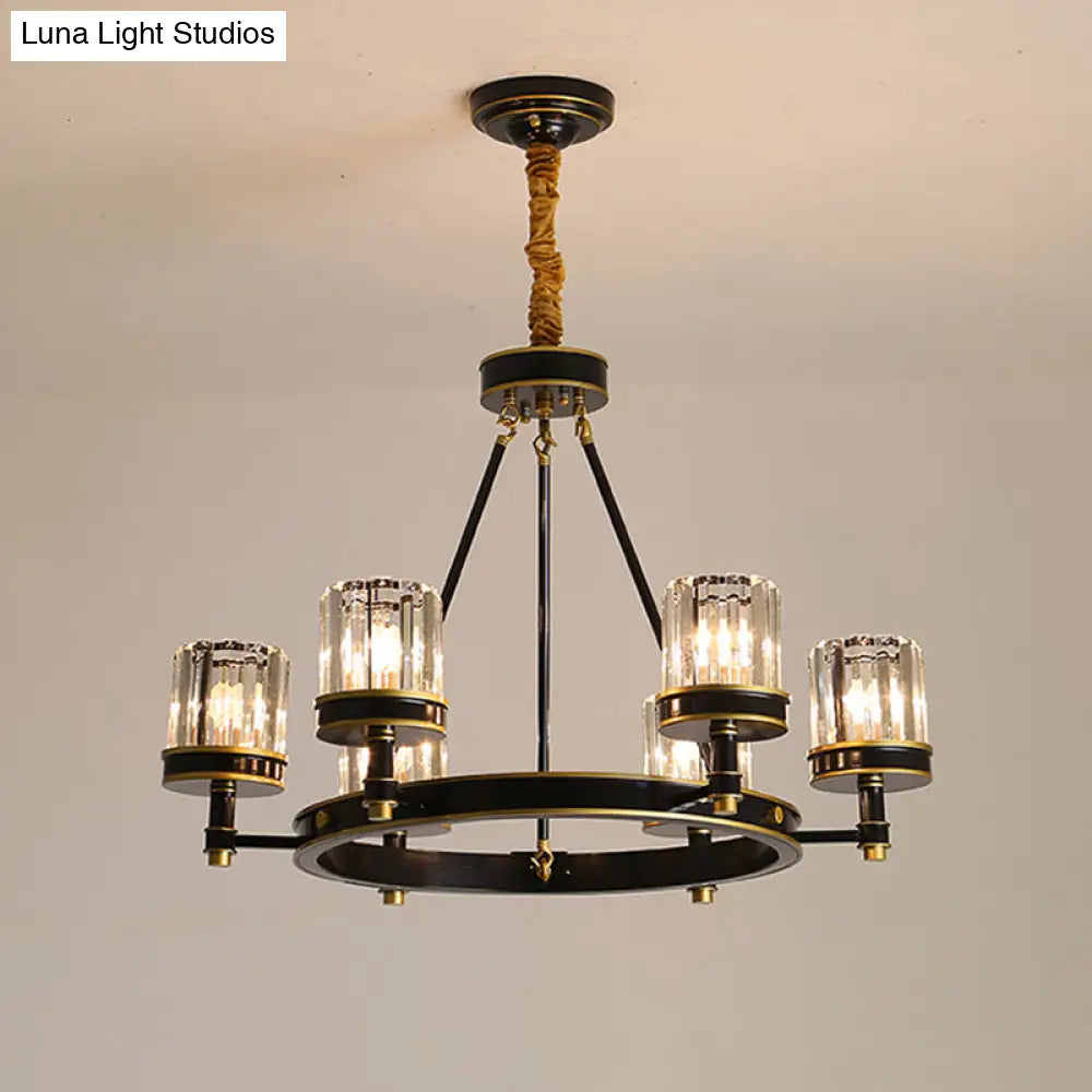 Modern Black Crystal Pendant Lighting Chandelier with Clear Cylinder Shade - 6/8 Heads for Great Rooms