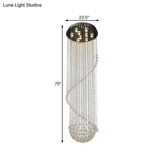 Modern Black Crystal Pendant With Clear Orbs And Rods - 9-Bulb Led Ceiling Fixture For Staircase