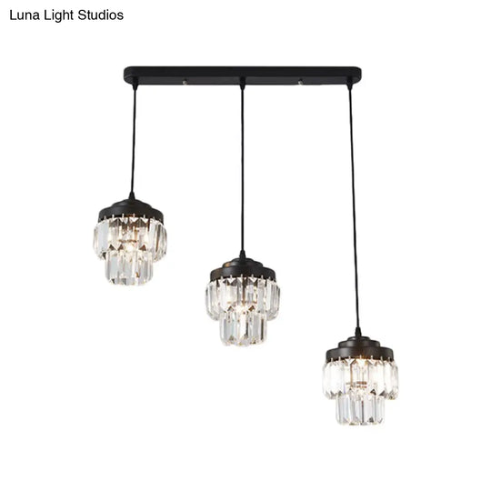 Contemporary 3-Head 2-Tier Cluster Pendant In Black With Clear Crystal Prism Accents - Modern