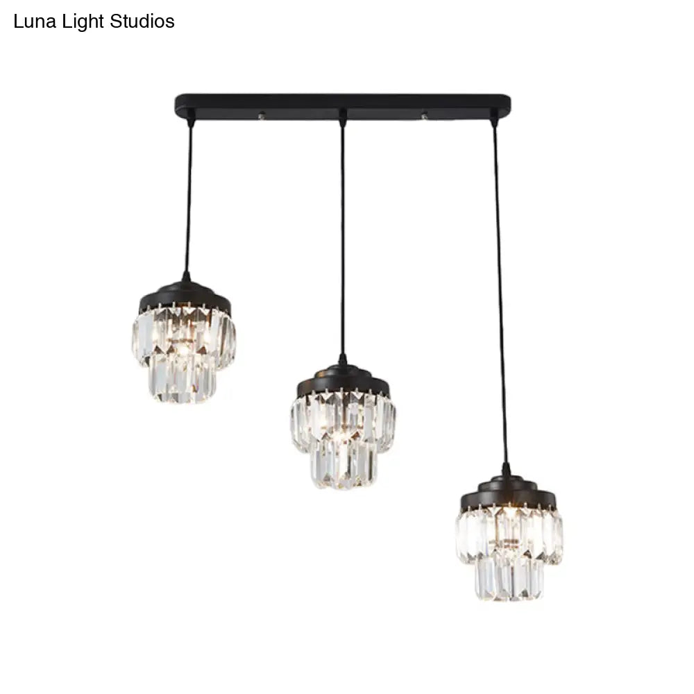 Modern Black Crystal Prism Pendant Lamp With 3 Heads And 2-Tier Cluster - Round/Linear Canopy
