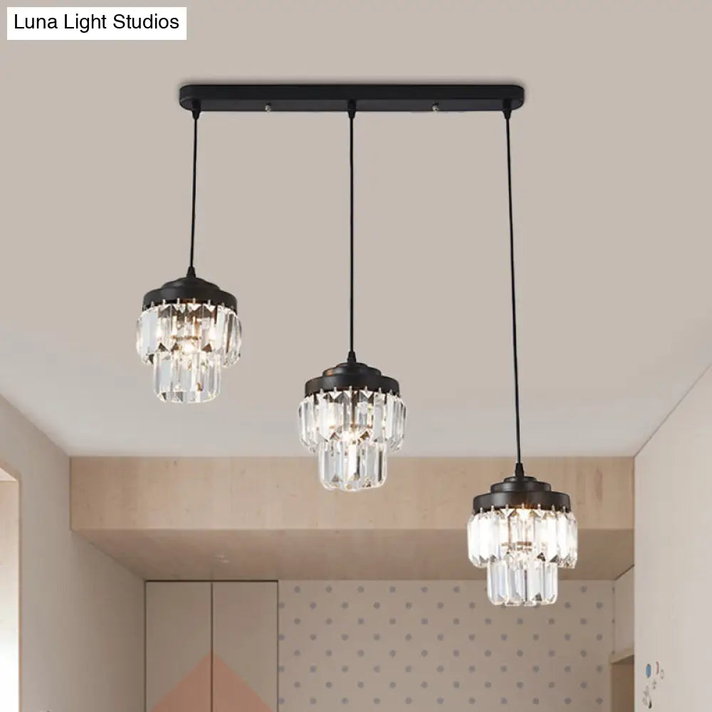 Contemporary 3-Head 2-Tier Cluster Pendant In Black With Clear Crystal Prism Accents - Modern