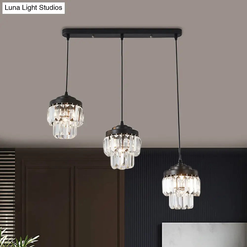 Contemporary 3-Head 2-Tier Cluster Pendant In Black With Clear Crystal Prism Accents - Modern
