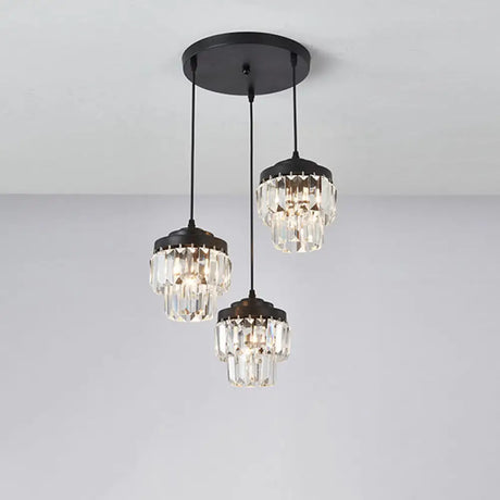 Modern Black Crystal Prism Pendant Lamp With 3 Heads And 2-Tier Cluster - Round/Linear Canopy /