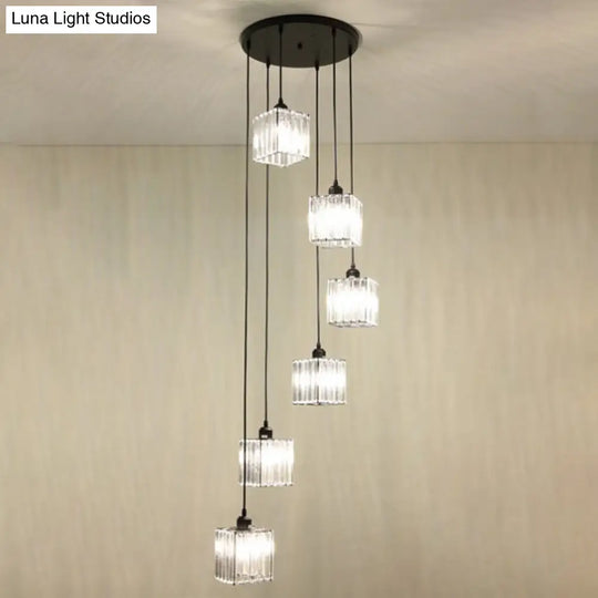 Modern Tri-Prism Crystal Spiral Cube Pendant Light - Black 6 Bulbs