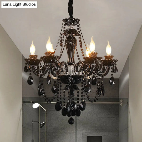 Modern Black Crystal Candelabra Chandelier Light Fixture With 6 Bulbs For Swag Ceiling Suspension