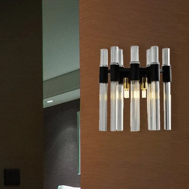Modern Black Crystal Tube Sconce: 2-Light Wall Mounted Lamp For Living Room