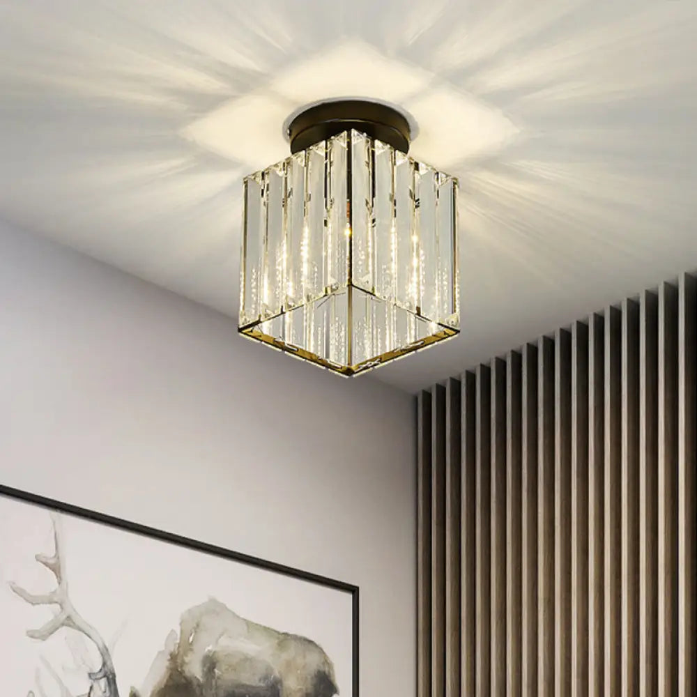 Modern Black Cube Flushmount Lighting With Clear Glass For Hallway - 1 Bulb Flush Mount Fixture