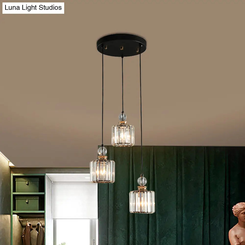 Modern Black Cylinder Pendant Lamp Kit With Crystal Prisms Shade - 1/3-Head Ceiling