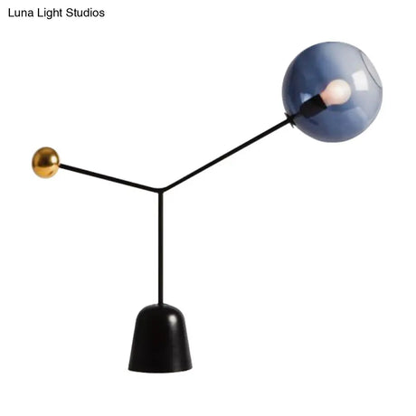 Modern Black Desk Lamp With Globe Blue Glass Shade For Living Room Or Office