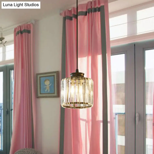 Modern Black Drum Pendant Light With Clear Crystal Ceiling Hang Fixture For Living Room
