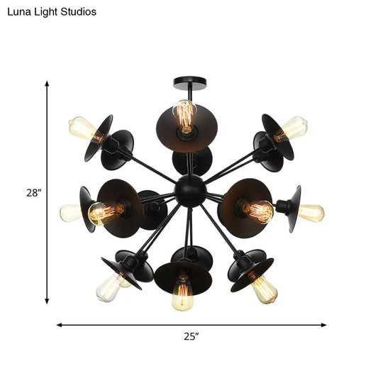 Sleek Black Flare Shade Chandelier - Factory Metal 9/12/15 Lights Elegant Ceiling Light With Sputnik