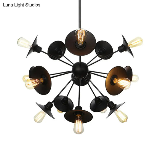Sleek Black Flare Shade Chandelier - Factory Metal 9/12/15 Lights Elegant Ceiling Light With Sputnik