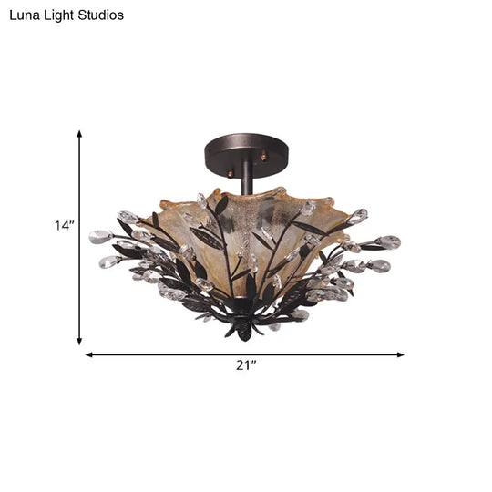 Modern Black Flared Semi-Flush Mount Ceiling Light With Amber Glass And Crystal Branch Accent – 2