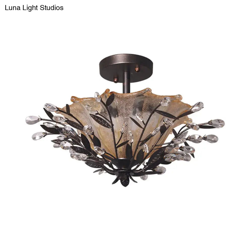 Modern Black Flared Semi-Flush Mount Ceiling Light With Amber Glass And Crystal Branch Accent 2