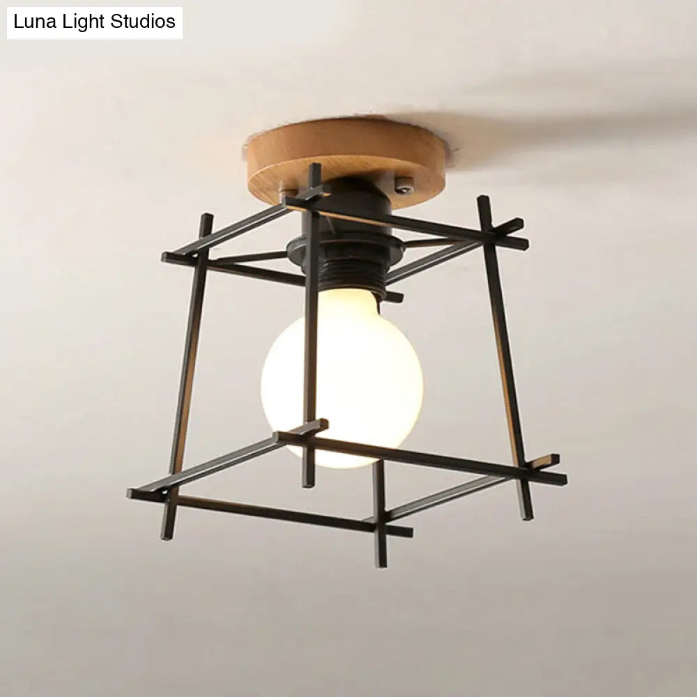 Modern Black Flush Mount Ceiling Lamp With Circle Metal/Wood Canopy