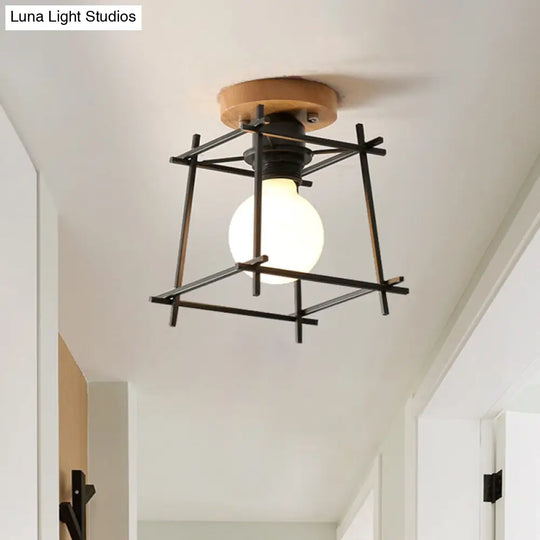 Modern Black Flush Mount Ceiling Lamp With Circle Metal/Wood Canopy / Wood