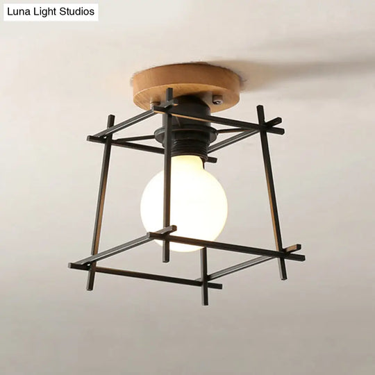 Modern Black Flush Mount Ceiling Lamp With Circle Metal/Wood Canopy